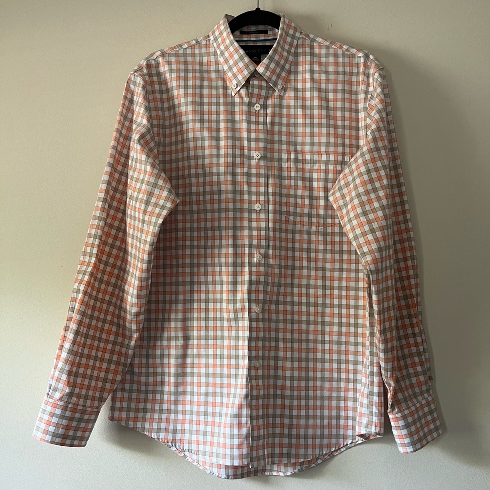 Lands’ End Men’s Orange & Tan Plaid No Iron Twill Button Front Dress Shirt